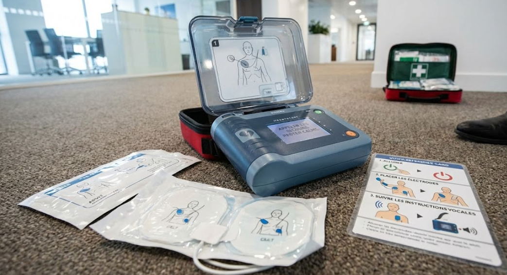 Défibrillateur automatique externe DAE ouvert montrant les électrodes et les instructions d'utilisation pour sauver une vie